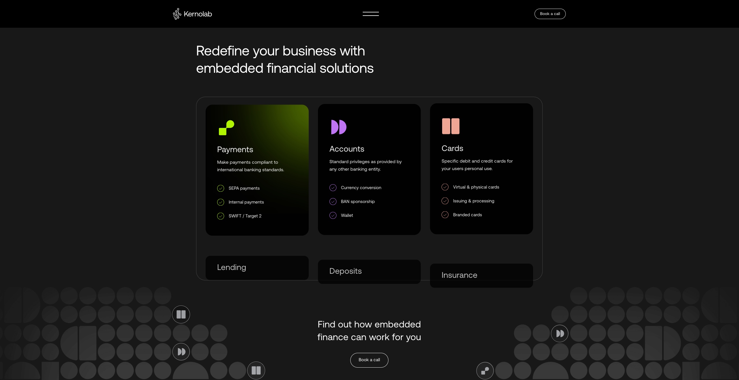 Original Kernolab homepage for its embedded-finance technology platform